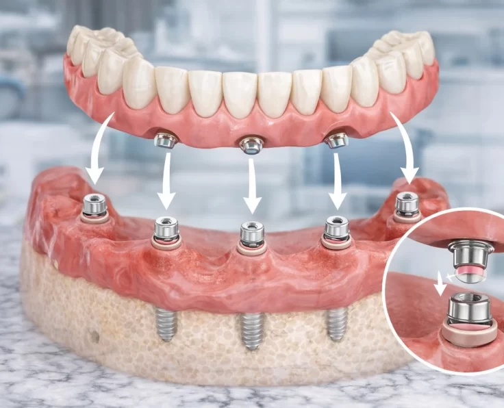 An implant-supported denture held between two hands